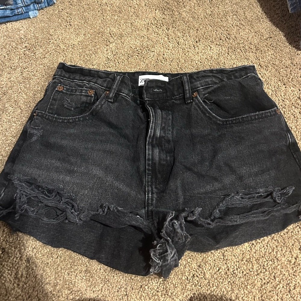 Zara Black Jean Shorts Distressed Denim